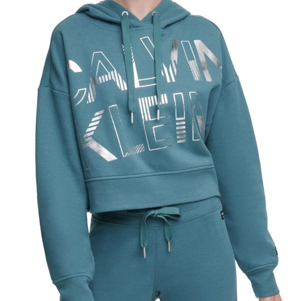 Calvin Klein Women's Teal Performance Logo Fleece Cropped Hoodie Size Medium